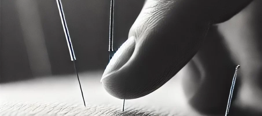 close up balck and white image of acupuncture needles gently inserted into the skin. The photo focuses on the precision and delicacy of the needles, with a smooth skin texture in a calm, meditative atmosphere. The minimalist design emphasizes healing and serenity, with soft lighting creating a therapeutic mood.