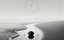 Minimalistic black and white photo of a calm beach scene with gentle waves lapping at the shore, symbolizing holistic healing and balance.