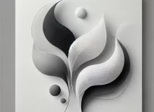 Minimalist black and white abstract design inspired by flowing plant shapes, symbolizing holistic nutrition and nourishment for the body, mind, and soul.